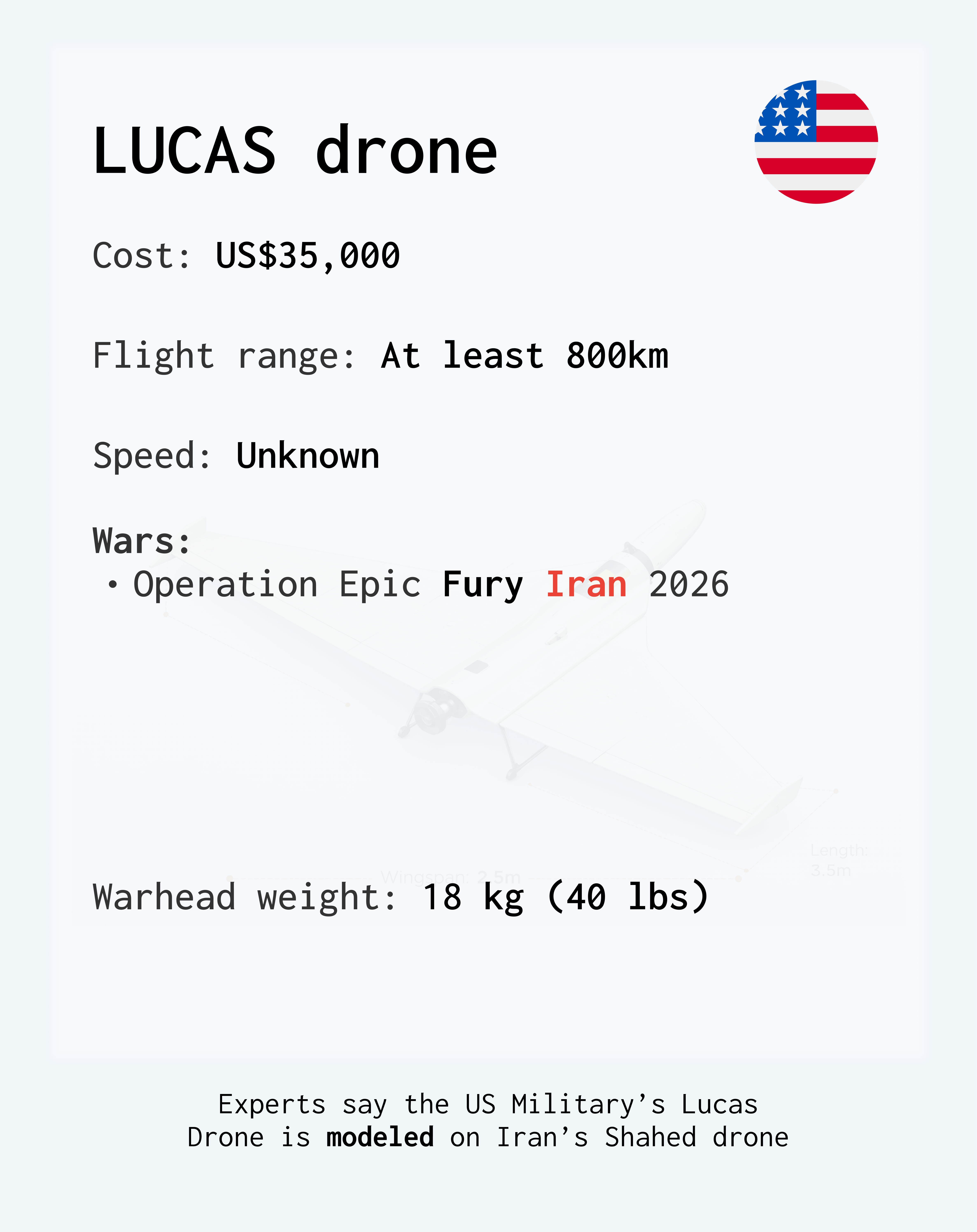 LUCAS drone: cost, flight range, speed and warhead weight